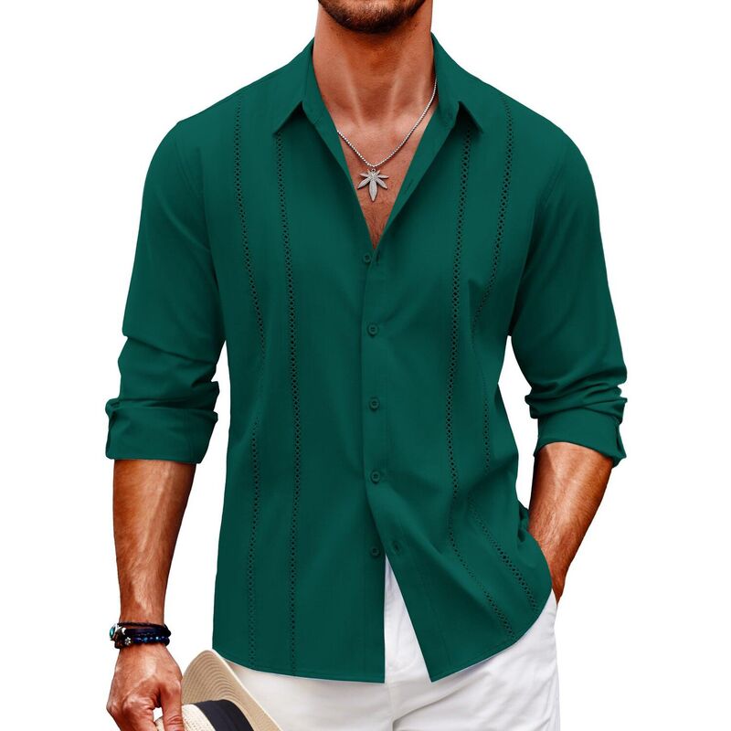 クーファンディ レディース トップス Tシャツ ボタンダウン リネン COOFANDY Mens Cuban Guayabera Shirt Casual Button Down Shirts Long Sleeve Beach Linen Shirts Dark Green グリーン｜ReVida 店