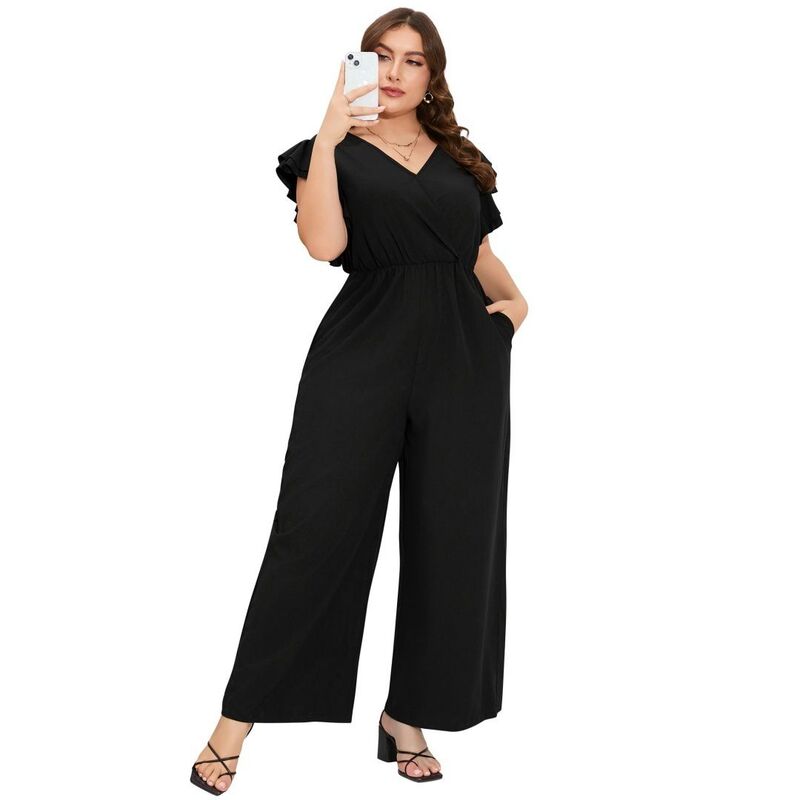 エリートチョイス レディース トップス ワンピース ワイドレッグ Vネック プラスサイズ フリル パンツ ジャンプスーツ Elitechoice Plusize Jumpsuits for Women V Neck Layered Ruffle Sleeves Wide Leg Pants With Pockets Black ブラック|ReVida 店