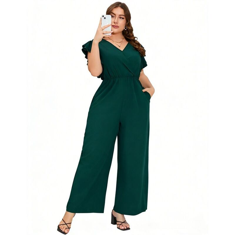 エリートチョイス レディース トップス ワンピース ワイドレッグ Vネック プラスサイズ フリル パンツ ジャンプスーツ Elitechoice Plusize Jumpsuits for Women V Neck Layered Ruffle Sleeves Wide Leg Pants With Pockets Dark Green グリーン|ReVida 店