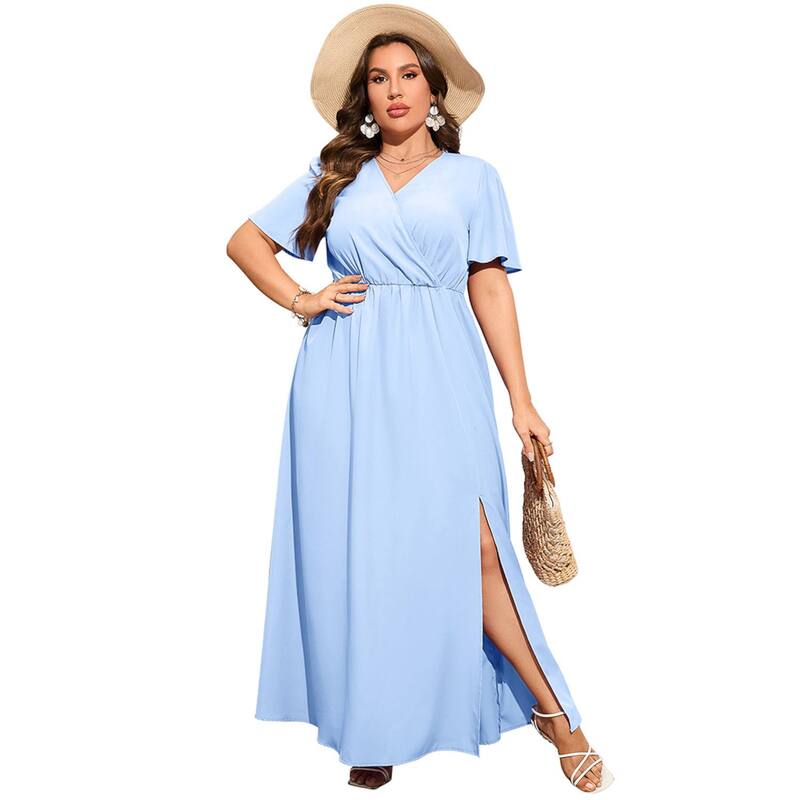 コジョイン レディース トップス ワンピース A ライン プラスサイズ エンパイア マキシ Kojooin Women Plusize Wrap Maxi Dresshort Flutter Sleeves Empire Waist Split A Line Boho Casual Dress Light Blue ブルー｜ReVida 店