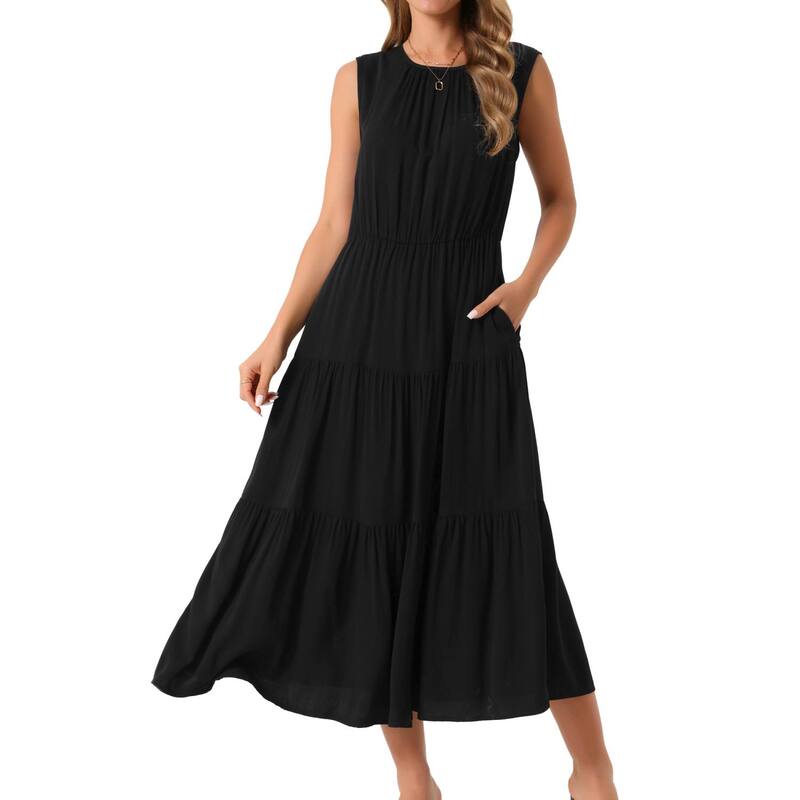 インスパイア シック レディース トップス ワンピース ティアード クルーネック ミディ ノースリーブ INSPIRE CHIC Women'summer Dressesleeveless Crewneck Sundress Tiered Casual Flowy Midi Dress with Pockets Black ブラック|ReVida 店