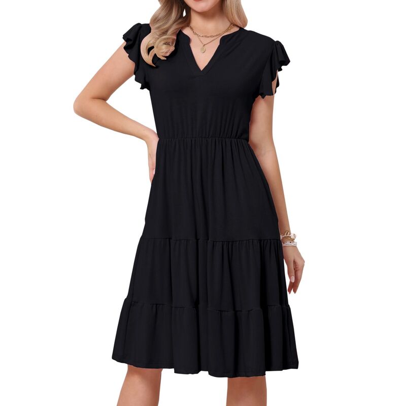 インスパイア シック レディース トップス ワンピース ティアード A ライン ひざ丈 フリル INSPIRE CHIC Summer Tieredress for Womens Ruffle Sleeve Notch Neck A-Line Flowy Knee Length Dresses Black ブラック|ReVida 店
