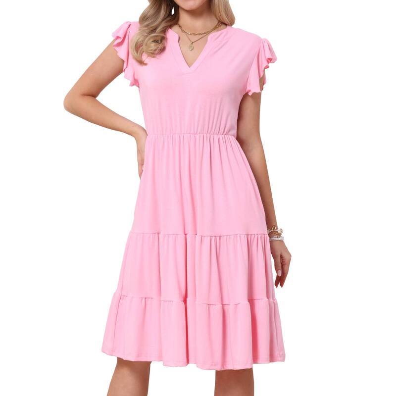 インスパイア シック レディース トップス ワンピース ティアード A ライン ひざ丈 フリル INSPIRE CHIC Summer Tieredress for Womens Ruffle Sleeve Notch Neck A-Line Flowy Knee Length Dresses Pink ピンク|ReVida 店