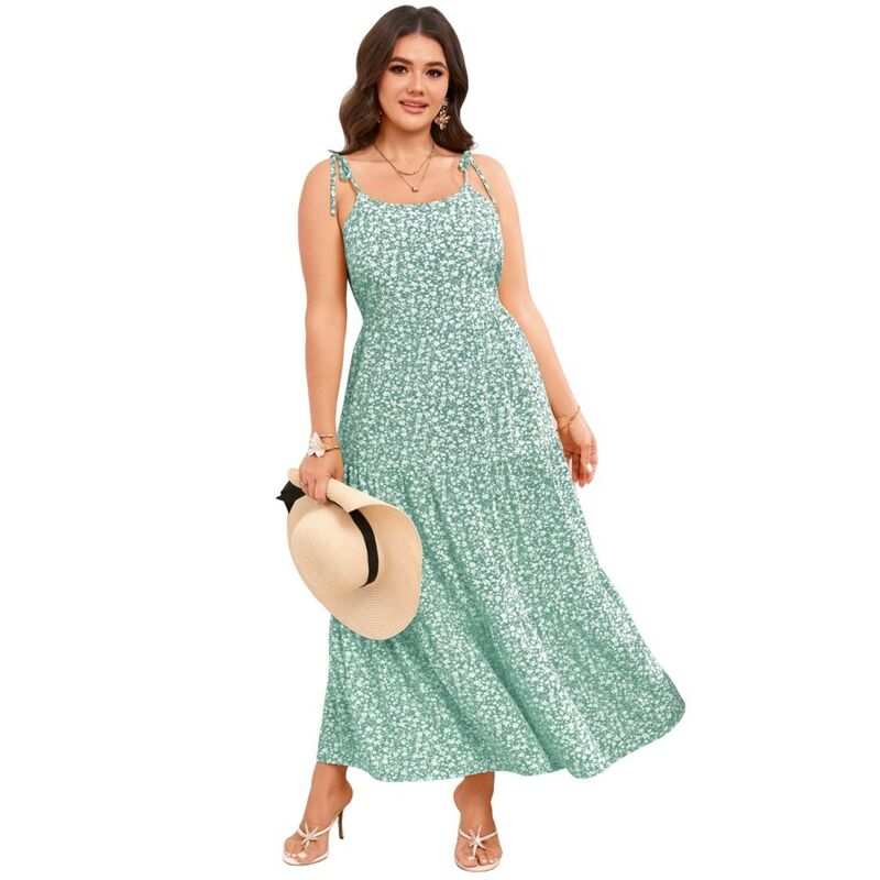 ボディサイズ レディース トップス ワンピース フラワー柄 プラスサイズ プリント マキシ フラワー BODDYSIZE Women's Plusize Floral Print Spaghetti Strap Maxi Dress U-Neck Layered Spaghetti Strap Maxi Dress Green グリーン|ReVida 店