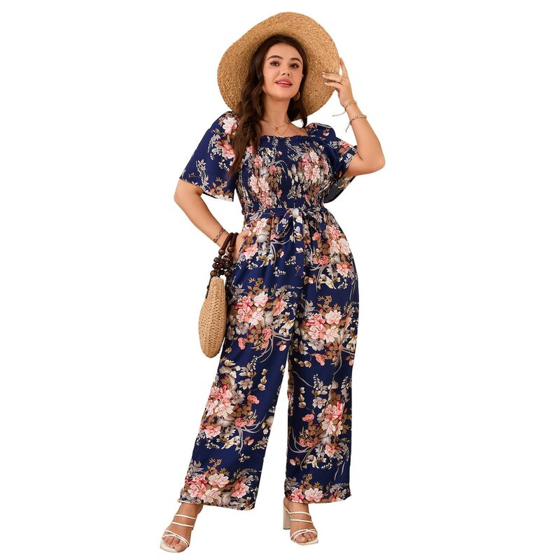 セオリア レディース トップス ワンピース ワイドレッグ フラワー柄 ロンパース ジャンプスーツ フラワー Seoria Women Jumpsuit Floral Short Sleeve Wide Leg Romper with Belt Navy Blue Flower ネイビー｜ReVida 店