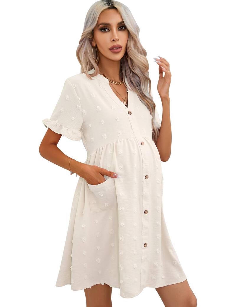 エリートチョイス レディース トップス ワンピース ボタンダウン マタニティ Elitechoice Women's Maternity Swiss Dot Dresshort Sleeve Button Down Dress with Pockets Apricot アプリコット｜ReVida 店