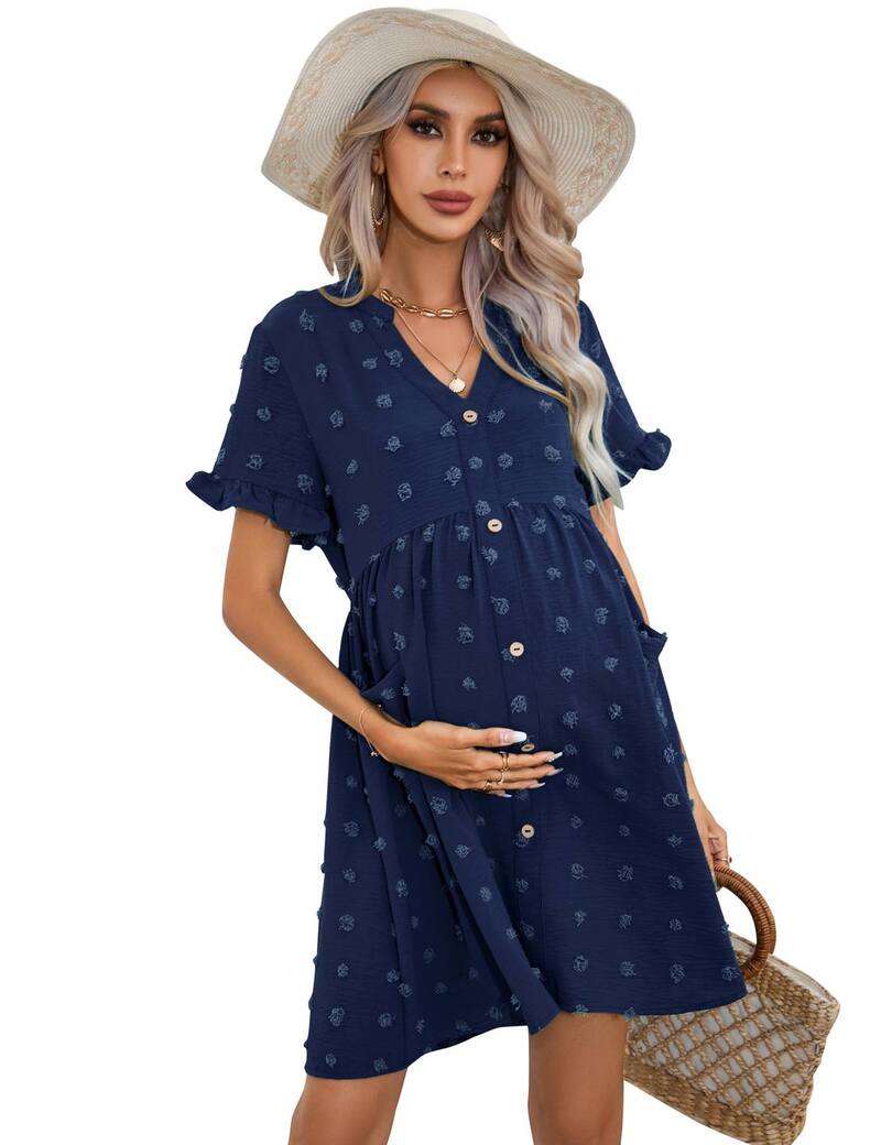 エリートチョイス レディース トップス ワンピース ボタンダウン マタニティ Elitechoice Women's Maternity Swiss Dot Dresshort Sleeve Button Down Dress with Pockets Dark Blue ブルー｜ReVida 店