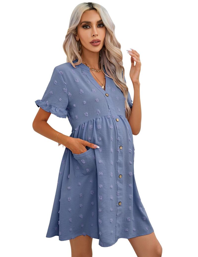 エリートチョイス レディース トップス ワンピース ボタンダウン マタニティ Elitechoice Women's Maternity Swiss Dot Dresshort Sleeve Button Down Dress with Pockets Grey Blue グレー｜ReVida 店