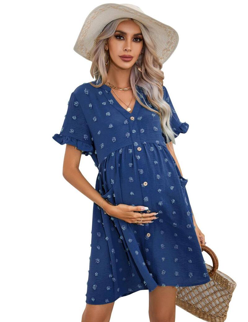エリートチョイス レディース トップス ワンピース ボタンダウン マタニティ Elitechoice Women's Maternity Swiss Dot Dresshort Sleeve Button Down Dress with Pockets Lake Blue ブルー|ReVida 店