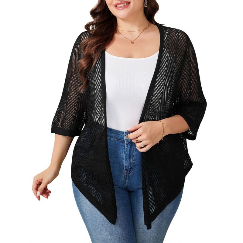 ボディサイズ レディース アウター ニット・セーター プラスサイズ カーディガン BODDYSIZE Womens Plusize Summer Cardigan 3/4 Sleeve Sweaters Lightweight Casual Knitted Open Front Cardigans Black ブラック｜ReVida 店