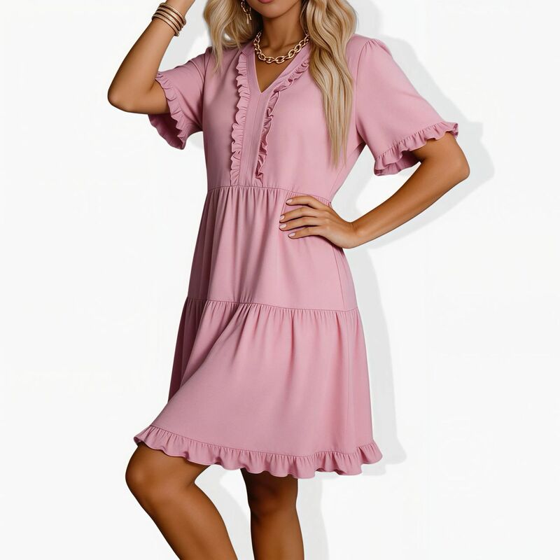 クリアフラワー レディース トップス ワンピース Vネック ティアード フリル ClearFlower Women's V-Neck Ruffle Dress - Short Sleeve Tiered Flowy Knee-Length Casual Summer Dress Pink ピンク|ReVida 店