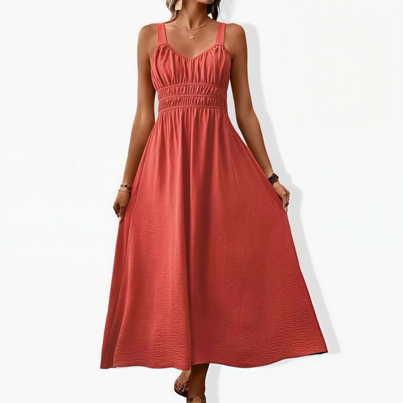 クリアフラワー レディース トップス ワンピース プリーツ ノースリーブ ClearFlower Women'sleevelesshirred Tank Dress - Relaxed Casual Pleated Long Summer Dress Orange オレンジ｜ReVida 店
