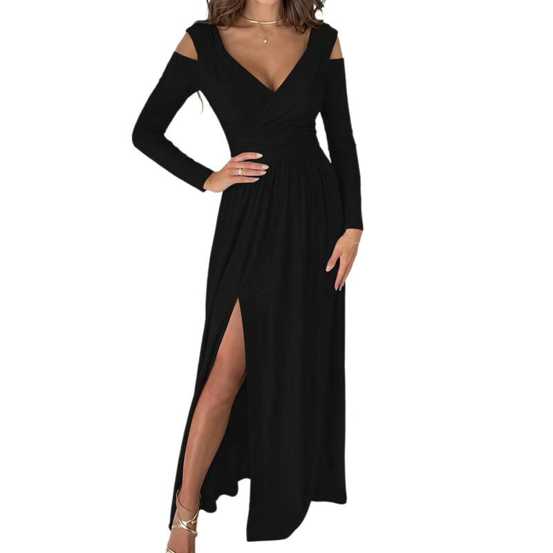 クリアフラワー レディース トップス ワンピース サイドスリット Vネック ミディ ClearFlower Women's Long Sleeve V-Neck Solid Color Dress - Side Slit Midi Casual Elegant Dress Black ブラック｜ReVida 店