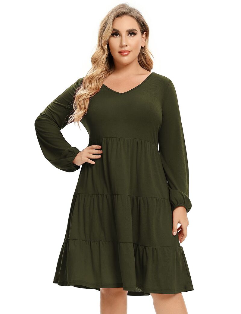 ファンジュライ レディース トップス ワンピース Vネック プラスサイズ ミディ FUNJULY Women's Plusize Long Sleeve V Neck Midi Dress Army Green グリーン｜ReVida 店