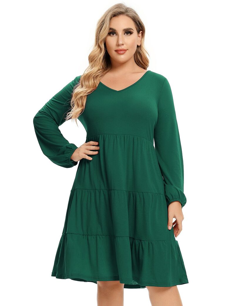 ファンジュライ レディース トップス ワンピース Vネック プラスサイズ ミディ FUNJULY Women's Plusize Long Sleeve V Neck Midi Dress Dark Green グリーン|ReVida 店