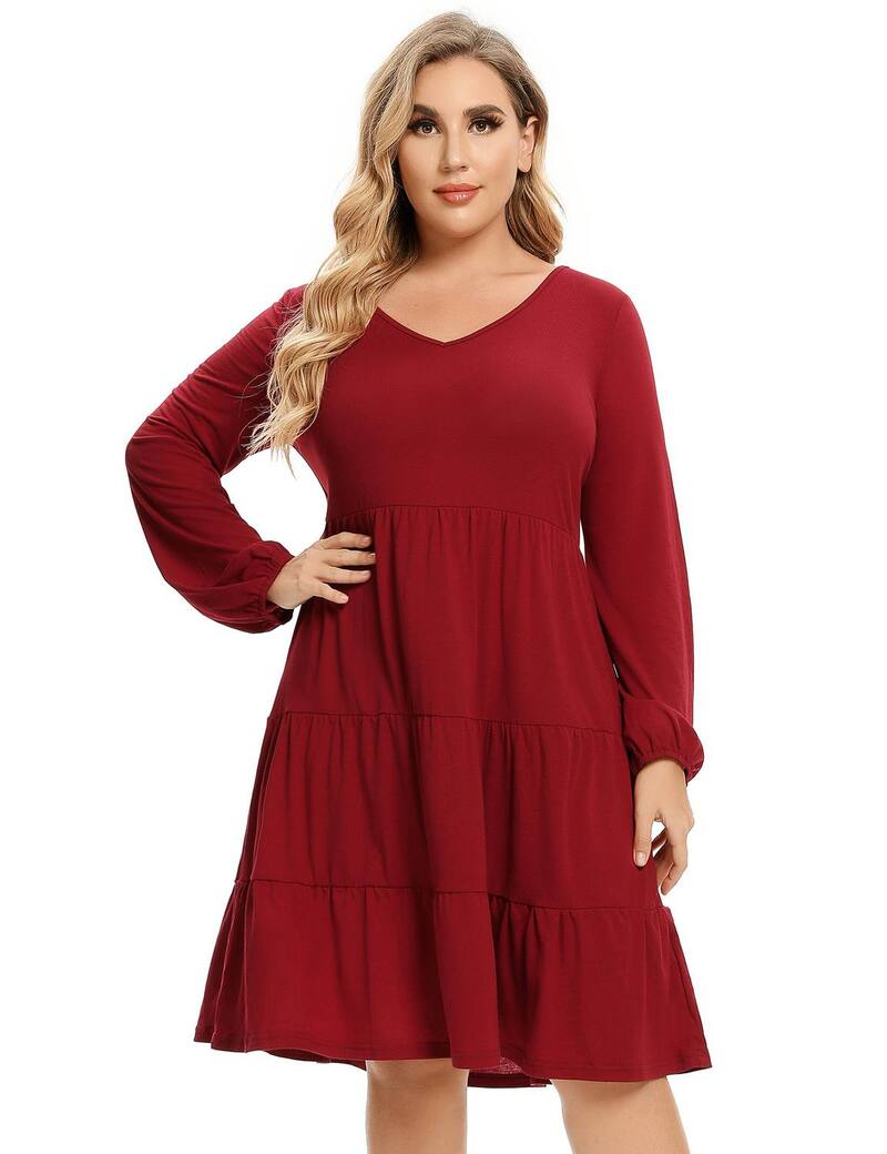 ファンジュライ レディース トップス ワンピース Vネック プラスサイズ ミディ FUNJULY Women's Plusize Long Sleeve V Neck Midi Dress Wine Red レッド|ReVida 店