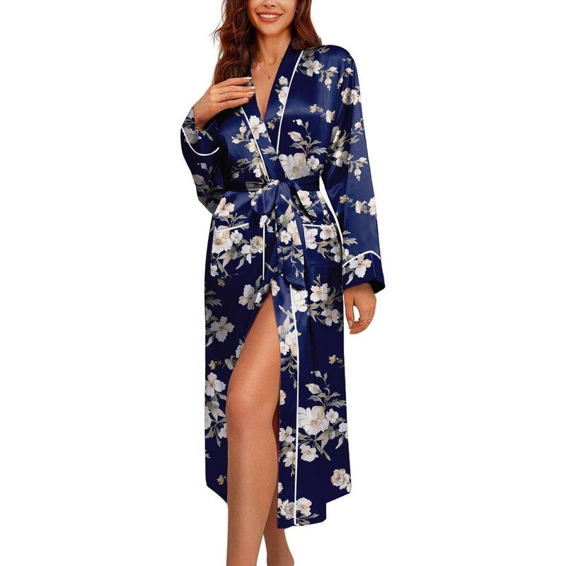 エコアー レディース アンダー御召しもの ナイト爵御召しもの 繻子 地絹 Ekouaer Silk Robes for Women Long Sleeve Satin Bathrobe Soft Lightweight Fullength Sleepwear Navy Floral 米国海軍