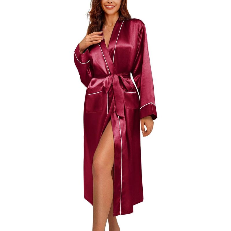 エコアー レディース アンダー御召しもの ナイト爵御召しもの 繻子 地絹 Ekouaer Silk Robes for Women Long Sleeve Satin Bathrobe Soft Lightweight Fullength Sleepwear Wine Red 赤いこと