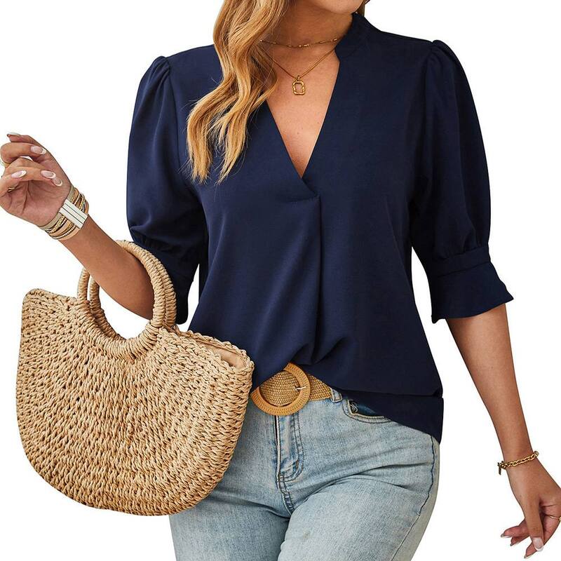 ジョイジョイ レディース トップス シャツ Vネック フリル JoyJoy Summer Simple Shirts for Women V Neck Ruffle Short Sleeve Casual Shirtops Royal Blue ブルー｜ReVida 店 8,380円