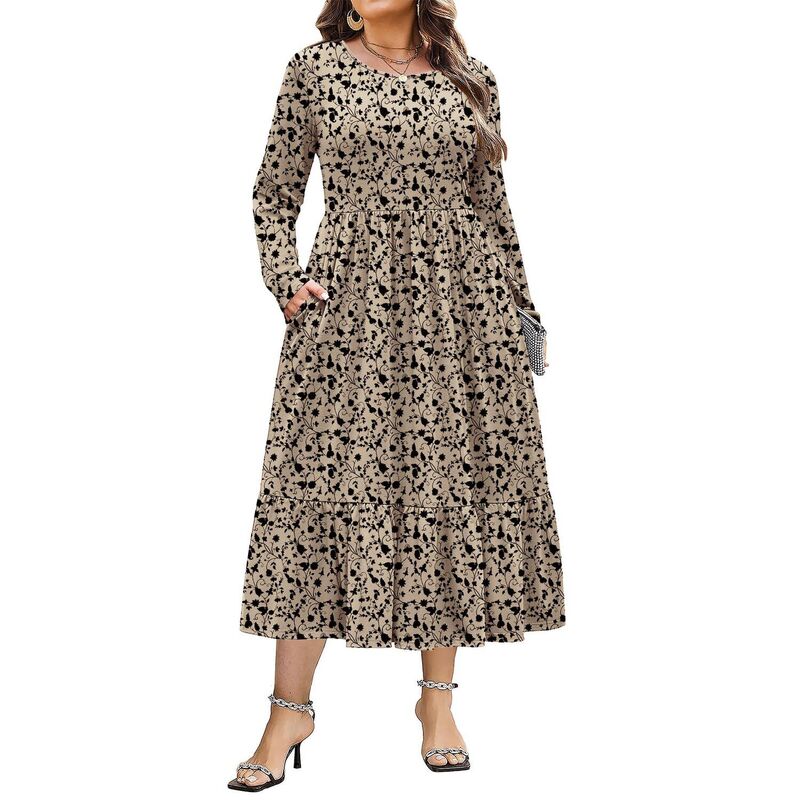 ジーグー レディース トップス ワンピース クルーネック A ライン フラワー柄 プラスサイズ プリント マキシ フラワー Zeagoo Plusize Womens Floral Print Boho Dress Long Sleeve Crew Neck A-Line Flowy Maxi Dresses Beige Floral ベージュ｜ReVida 店
