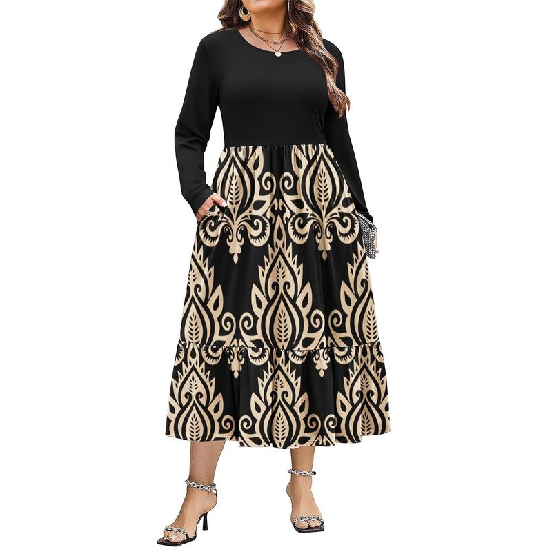 ジーグー レディース トップス ワンピース クルーネック A ライン フラワー柄 プラスサイズ プリント マキシ フラワー Zeagoo Plusize Womens Floral Print Boho Dress Long Sleeve Crew Neck A-Line Flowy Maxi Dresses Black Gold ブラック｜ReVida 店