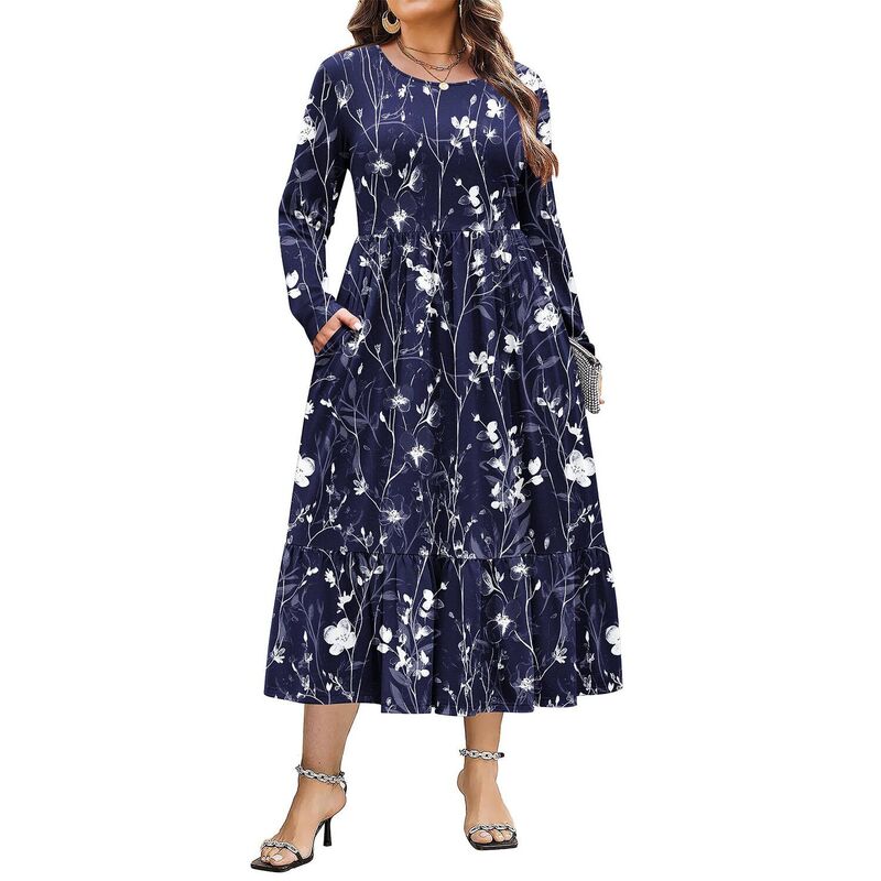 ジーグー レディース トップス ワンピース クルーネック A ライン フラワー柄 プラスサイズ プリント マキシ フラワー Zeagoo Plusize Womens Floral Print Boho Dress Long Sleeve Crew Neck A-Line Flowy Maxi Dresses Blue Floral ブルー｜ReVida 店