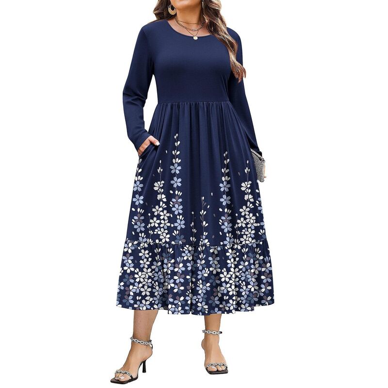 ジーグー レディース トップス ワンピース クルーネック A ライン フラワー柄 プラスサイズ プリント マキシ フラワー Zeagoo Plusize Womens Floral Print Boho Dress Long Sleeve Crew Neck A-Line Flowy Maxi Dresses Navy Blue Floral ネイビー｜ReVida 店