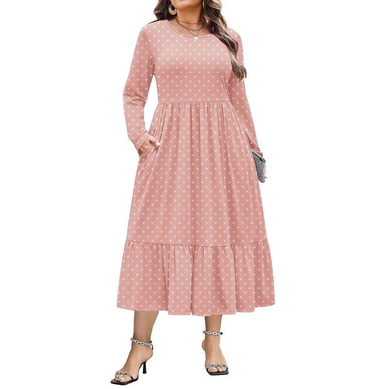 ジーグー レディース トップス ワンピース クルーネック A ライン フラワー柄 プラスサイズ プリント マキシ フラワー Zeagoo Plusize Womens Floral Print Boho Dress Long Sleeve Crew Neck A-Line Flowy Maxi Dresses Pink Roundot ピンク|ReVida 店