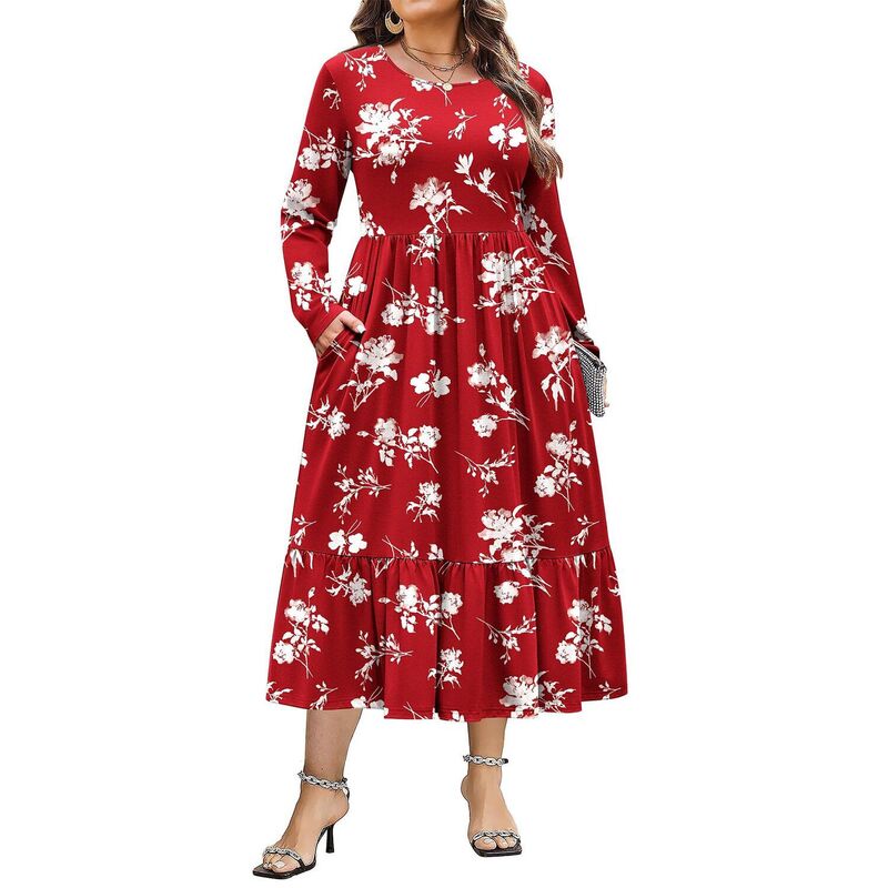 ジーグー レディース トップス ワンピース クルーネック A ライン フラワー柄 プラスサイズ プリント マキシ フラワー Zeagoo Plusize Womens Floral Print Boho Dress Long Sleeve Crew Neck A-Line Flowy Maxi Dresses Red Floral レッド｜ReVida 店