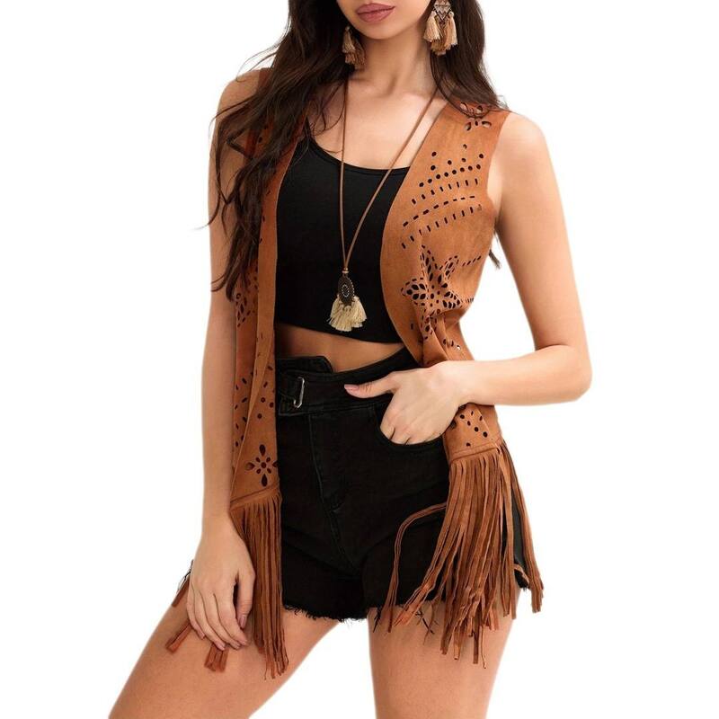 イエスファッション レディース トップス Tシャツ ベスト スエード カーディガン フリンジャケット Yesfashion Women's Tassels Vestops Faux Suede Fringe Vests Jacket Cardigan Open Front Rodeo Cowgirl Shirt Brown ブラウン｜ReVida 店 8,861円