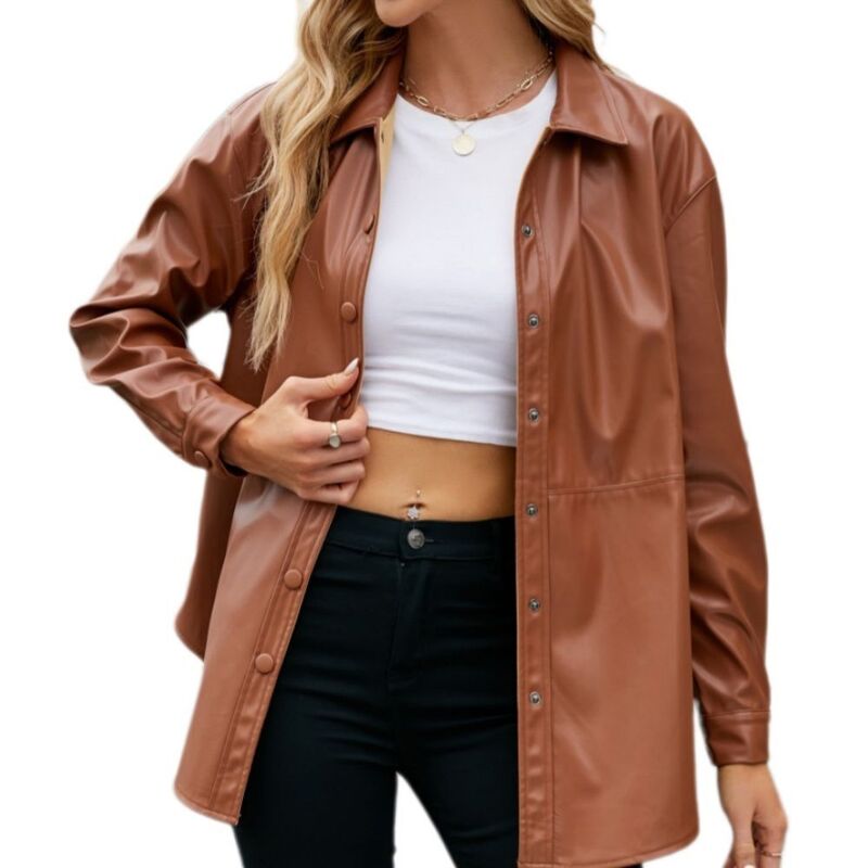 エリートチョイス レディース トップス プルオーバー 名取り草落ちこむ トップ Elitechoice Women PU Long Sleeveshirts Oversized Button Down T-Shirts Casualoose Blouse Brown 赤銅色