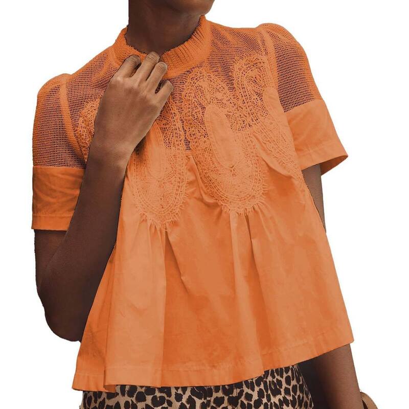 セオリア レディース トップス プルオーバー フラウンス裾 ハイネック フラウンス トップ スピード競技 Seoria Womenshort Sleeve Lace Crochet Blouse Casual High Neck Ruffle Hem Peplum Tops Orange Red 赤いこと