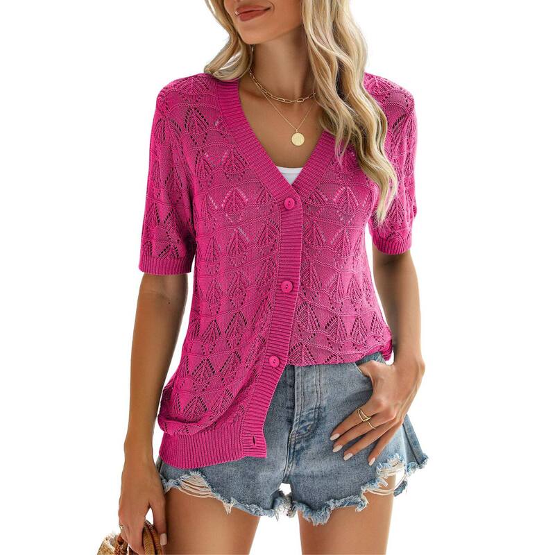 ジーグー レディース アウター ニット・セーター Vネック カーディガン クロップド Zeagoo Women'short Sleeve Crochet Cropped Cardigan V Neck Button Up Bolero Shrug Sweater Light Pink ピンク|ReVida 店