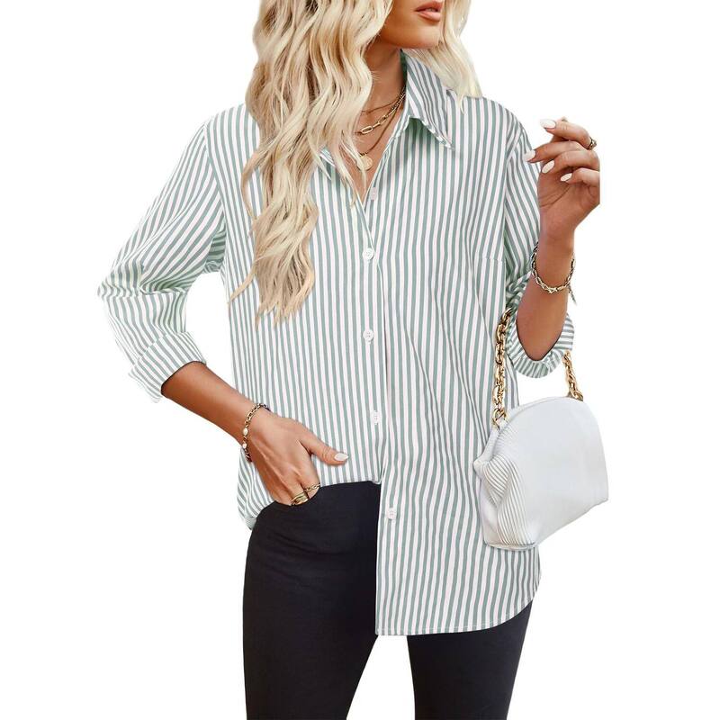 ジーグー レディース トップス プルオーバー トップ Zeagoo Women\u0027striped Long Sleeve Button Up Blouse Business Casual Fall Tops Green Striped 緑であること
