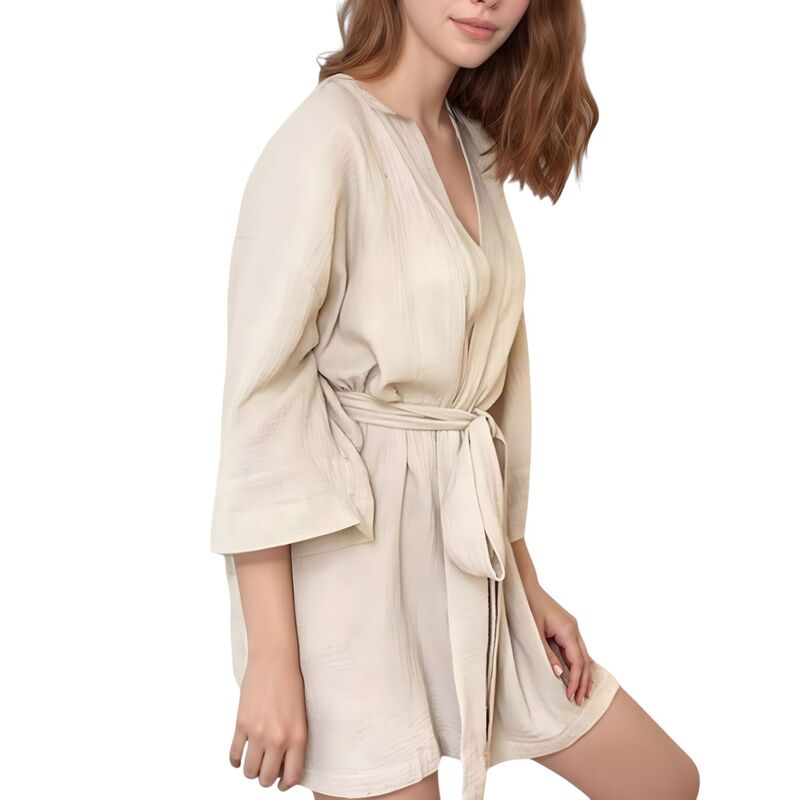 アンナカシ レディース アンダー御召しもの ナイト爵御召しもの Anna-Kaci Women\u0027s Woven Textured Bath Robe with Waistie and Wide Sleeves Light Beige ベージュ