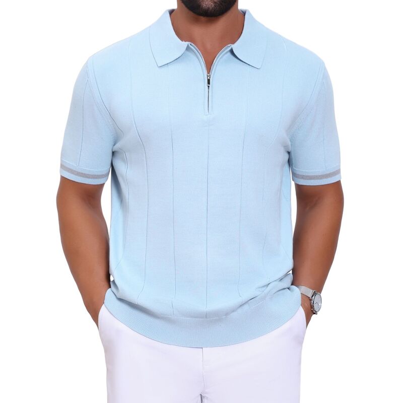 インスパイア シック レディース トップス Tシャツ ポロシャツ リブ INSPIRE CHIC Men's Textured Polo Shirt Zip Up Ribbed Hem Short Sleeve Golf Polo Shirts Light Blue ブルー｜ReVida 店 11,385円