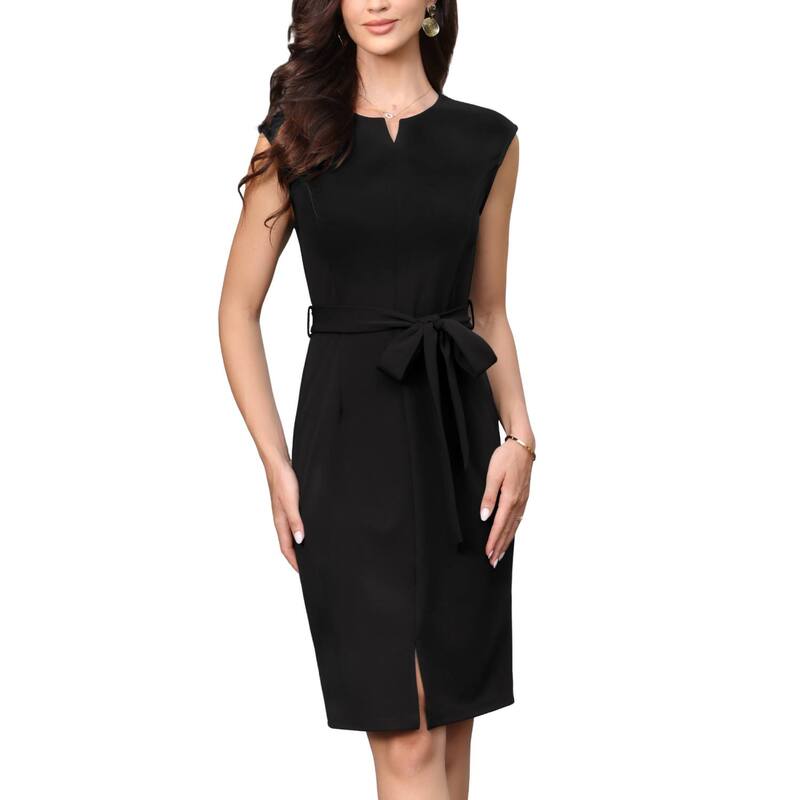 インスパイア シック レディース トップス ワンピース Vネック ノースリーブ INSPIRE CHIC Sheath Dress for Women'sleeveless Notched V Neck Belted Business Professional Office Dresses Black ブラック|ReVida 店