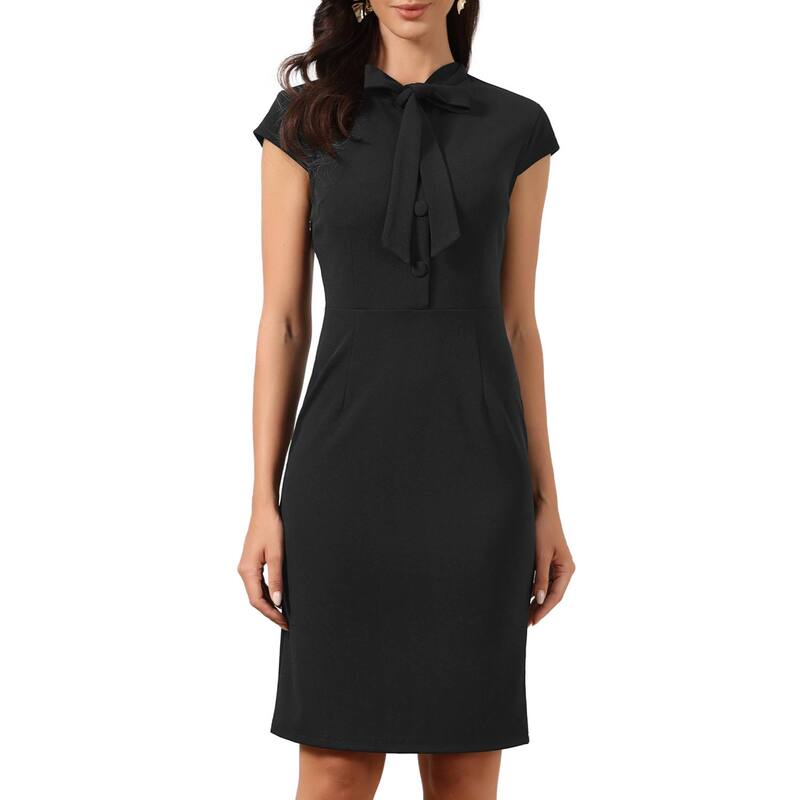 インスパイア シック レディース トップス ワンピース ボタンダウン キャップ INSPIRE CHIC Work Dress for Women Bow Tie Neck Cap Sleeve Button Down Elegant Side Zipper Sheath Dresses Black ブラック|ReVida 店