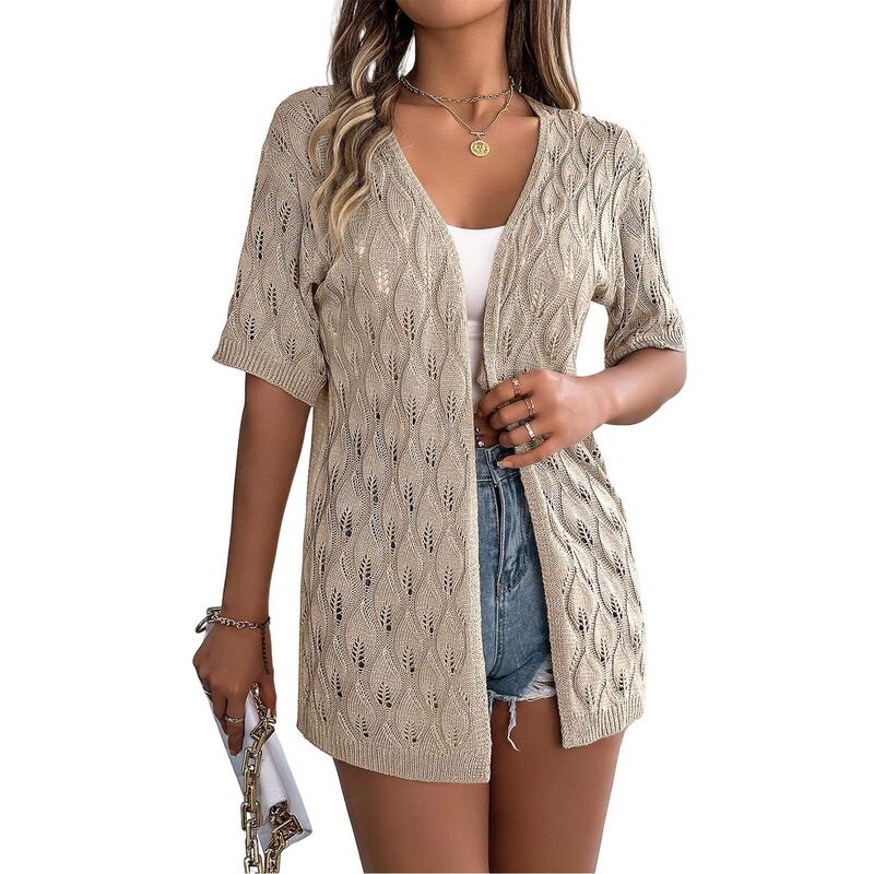 セオリア レディース アウター ニット・セーター シャツ Seoria Women's Lightweight Patterned Knitted Front Open Holiday Casual Sunscreen Shirt Khaki カーキ｜ReVida 店