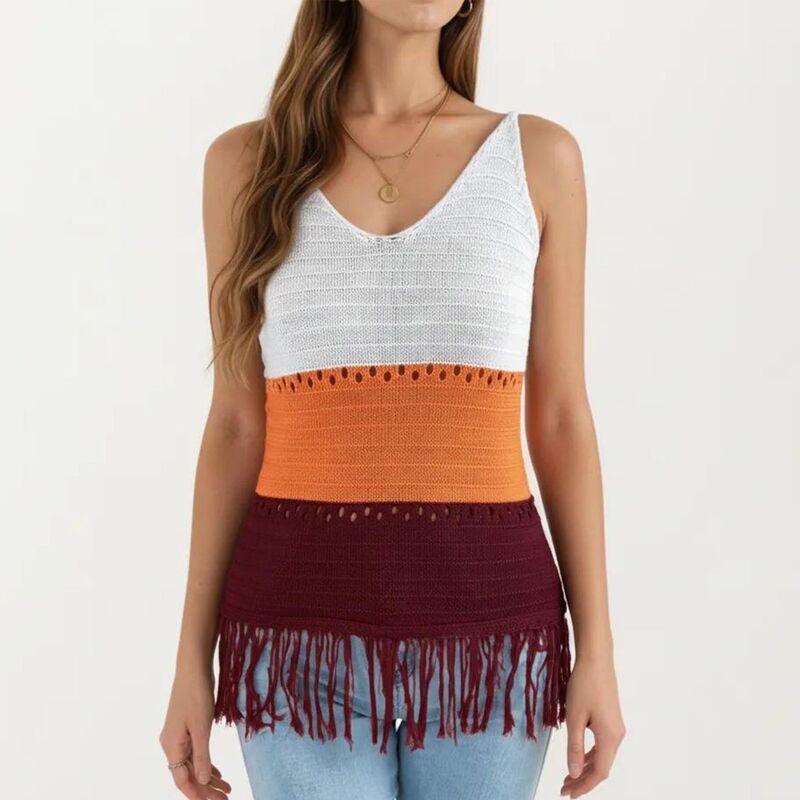 アンナカシ レディース トップス Tシャツ Vネック ノースリーブ ニット フリンジ Anna-Kaci Women'sleeveless Open Knitank Top with V Neck and Fringe Hem Detail Orange オレンジ｜ReVida 店 12,305円