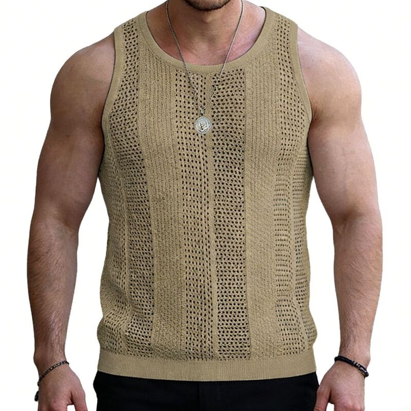エリートスピリット レディース トップス Tシャツ クルーネック ノースリーブ ニット EliteSpirit Men'sleeveless Top Crew Neck Open Knit Summer Tank Casual Top Khaki カーキ|ReVida 店