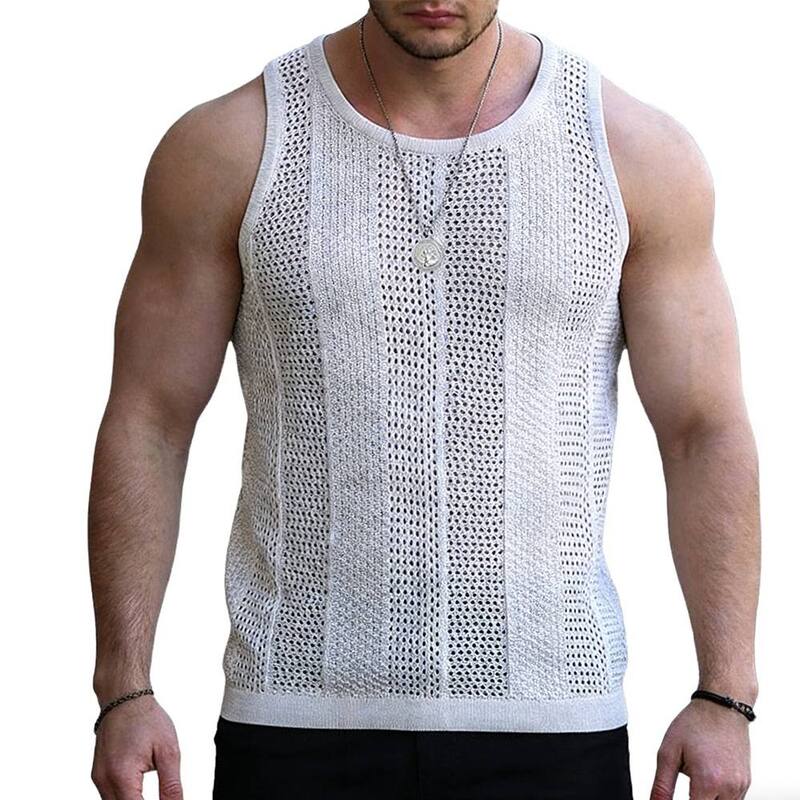 エリートスピリット レディース トップス Tシャツ クルーネック ノースリーブ ニット EliteSpirit Men'sleeveless Top Crew Neck Open Knit Summer Tank Casual Top White ホワイト｜ReVida 店