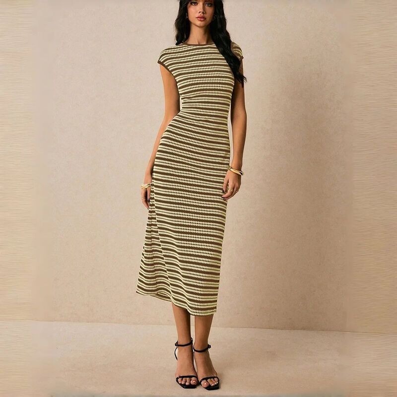 クリアフラワー レディース トップス ワンピースリムフィット ミディ ノースリーブ ニット ClearFlower Women'striped Knit Midi Dress - Sleevelesslim Fit Pull-On Pencil Dress Brown ブラウン|ReVida 店