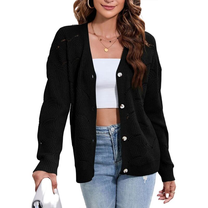 クリアフラワー レディース アウター ニット・セーター カーディガン ClearFlower Women's Crochet Cardigan Lightweight Long Sleeve Hollow Out Kint Outwear Sweater Black ブラック|ReVida 店