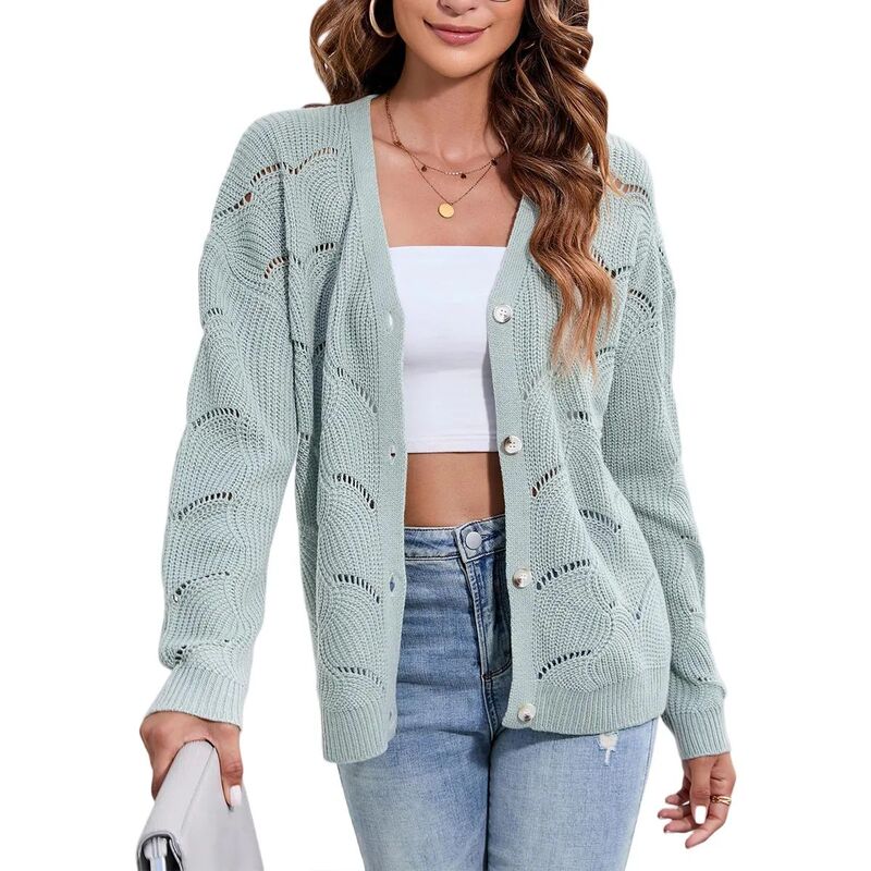クリアフラワー レディース アウター ニット・セーター カーディガン ClearFlower Women's Crochet Cardigan Lightweight Long Sleeve Hollow Out Kint Outwear Sweater Powder Blue ブルー｜ReVida 店