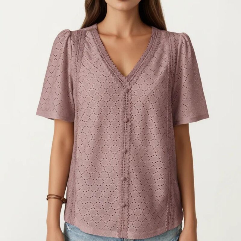 アンナカシ レディース トップス プルオーバー Vのど首 スピード競技刈り込み トップ スピード競技 Anna-Kaci Short Sleeveyelet Blouse with V Neck Button Front Lace Trim Textured Shirtop Mauve Pink サクラ色