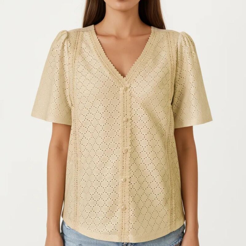 アンナカシ レディース トップス プルオーバー Vのど首 スピード競技刈り込み トップ スピード競技 Anna-Kaci Short Sleeveyelet Blouse with V Neck Button Front Lace Trim Textured Shirtop Yellow 黄色