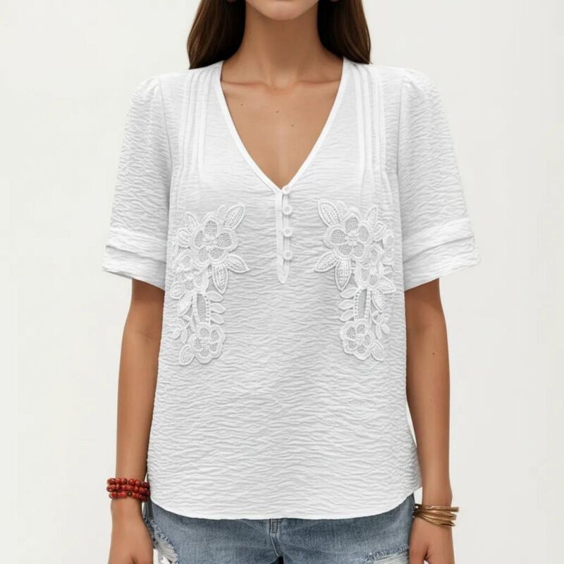 アンナカシ レディース トップス プルオーバー Vのど首 御花柄 トップ 御花 Anna-Kaci Short Sleeve Blouse with V Neck Button Front Floral Embroidery Textured Casual Top White 白いこと