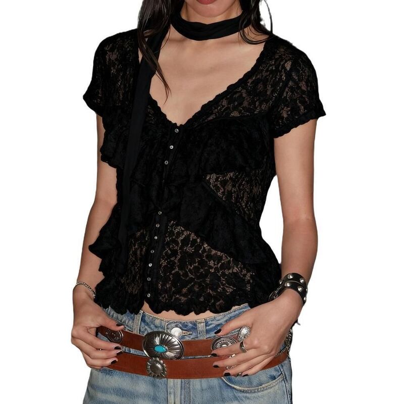 コジョイン レディース トップス プルオーバー Vのど首 ヴィンテージ トップ スピード競技 Kojooin Women\u0027s Y2K Lace Crochet V-Neck Top - Vintage Hollow Out Short Sleeve Blouse Black 黒いこと