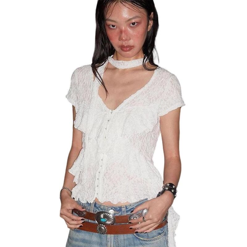 コジョイン レディース トップス プルオーバー Vのど首 ヴィンテージ トップ スピード競技 Kojooin Women\u0027s Y2K Lace Crochet V-Neck Top - Vintage Hollow Out Short Sleeve Blouse White 白いこと